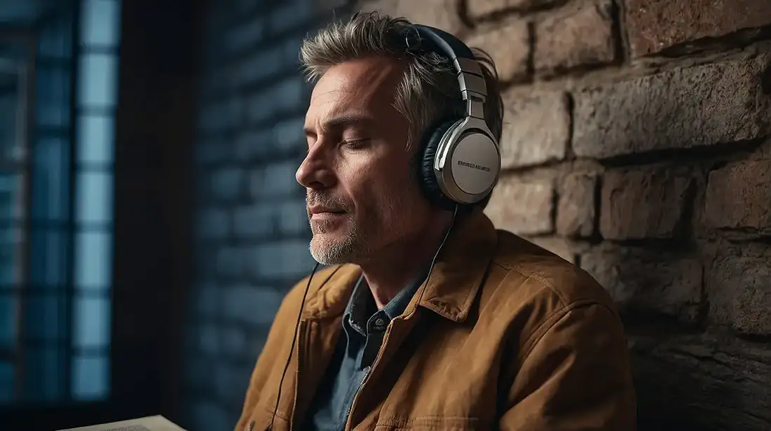 Persona escuchando audiolibros con auriculares, incorporando el hábito de lectura en su rutina diaria.