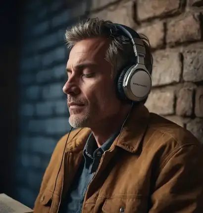 Persona escuchando audiolibros con auriculares, incorporando el hábito de lectura en su rutina diaria.