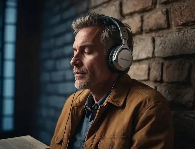 Persona escuchando audiolibros con auriculares, incorporando el hábito de lectura en su rutina diaria.