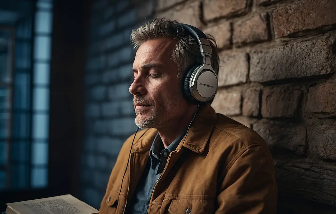 Persona escuchando audiolibros con auriculares, incorporando el hábito de lectura en su rutina diaria.