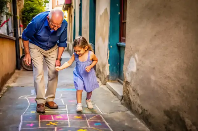 Abuelo y nieto compartiendo un momento afectivo en familia, representando el valor de la crianza intergeneracional.