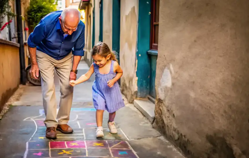 Abuelo y nieto compartiendo un momento afectivo en familia, representando el valor de la crianza intergeneracional.