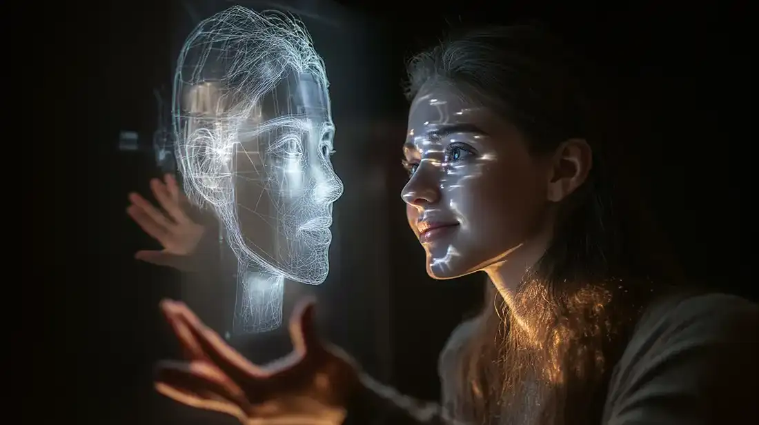 Representación conceptual entre inteligencia artificial y conciencia humana en un entorno digital.