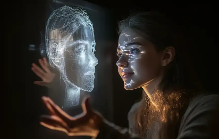 Representación conceptual entre inteligencia artificial y conciencia humana en un entorno digital.
