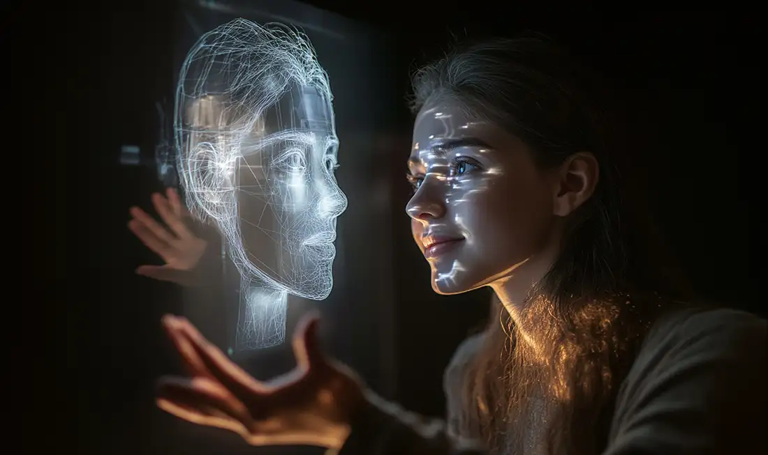 Representación conceptual entre inteligencia artificial y conciencia humana en un entorno digital.